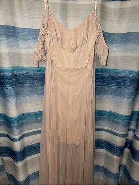 Elegant cream/Blush Cold-Shoulder Maxi Dress with shimmer